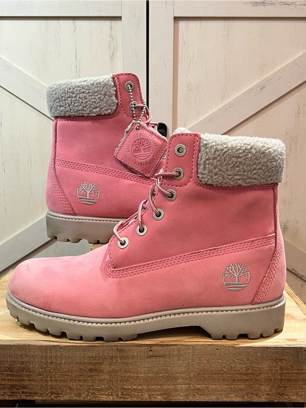 "Timberland Women’s 6-Inch Premium Pink Suede Waterproof Boots with Faux Fur 9